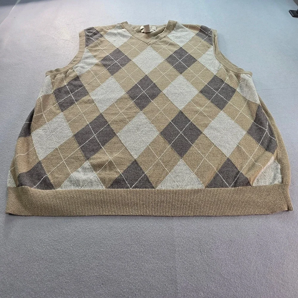 Banana Republic Mens XL Argyle Sweater Vest Tan Cotton Cashmere V-Neck Knit